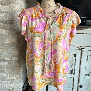 Jodifl pink orange swirl pattern ruffle short sleeve tassel tie blouse